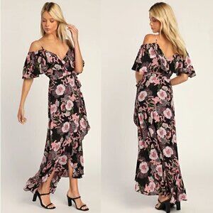 Lulu's Fully Bloomed Black Floral Off-the-Shoulder Maxi Wrap Dress Size S NWT